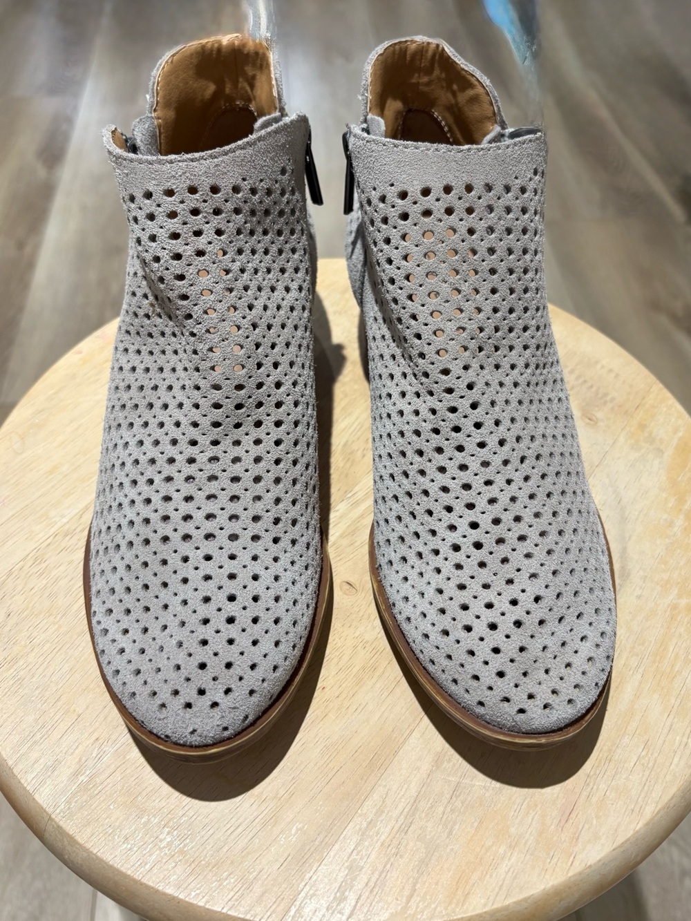 Lucky Brand Perforated Suede Ankle Booties in Light Grey